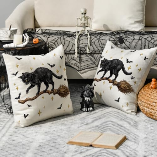 Halloween Black Cat Throw Pillow Cover Set of 2 18x18 Inches - Durable Polyester