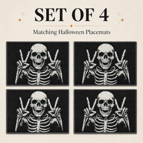 Halloween Skeleton Peace Sign Placemats Set of 4 - Spooky Table Decor for Fall Parties - Style4