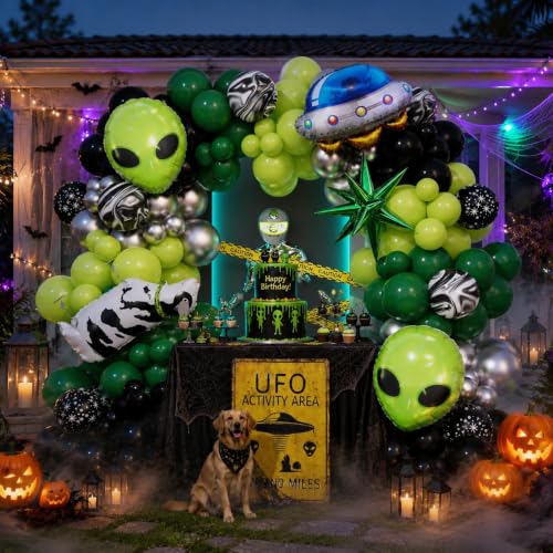 Alien Balloon Arch Kit for Space Party Decorations, Green Black Silver Variation