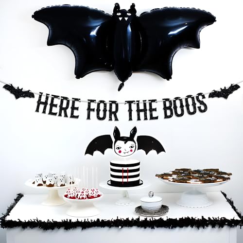 Halloween Bunting Banner - Haunted House Bat & 'Here for The Boos' Glitter Garland