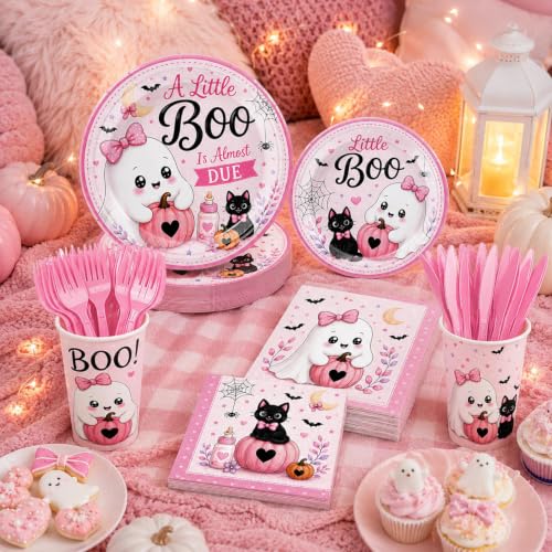 Halloween Baby Shower Decorations Set with Plates Cups Napkins and Utensils - Pink & Spooky Theme