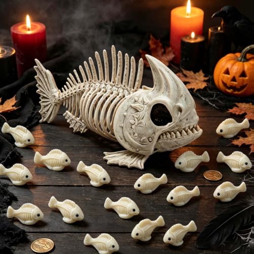 Beige Halloween Mini Fish Skeletons - 100 Pack Spooky Fish Bone Figures for Party Decor
