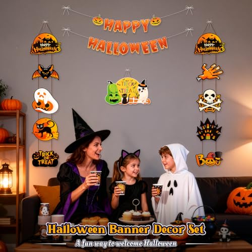 Halloween Banner and Decor Set with Pumpkin, Ghost, Bat & Skull for Indoor Outdoor Party