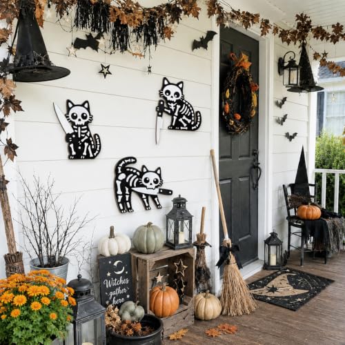 Halloween Black Cat Wall Decor 3 Pcs Wooden Door Toppers - White Variation