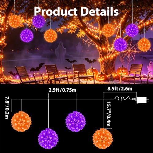 LED Halloween Sphere Lights - 4.2-Inch Purple & Orange Cherry Blossom Ornaments with 16 Modes, Indoor Outdoor Decor (4 Pack)