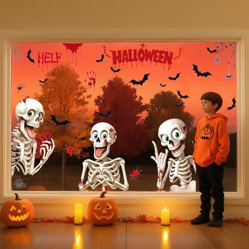 Halloween Window Clings 4 Sheet Set - Skeleton Bats Ghost Spider Decorations