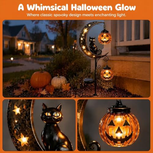 Solar Halloween Garden Stake Light with Black Cat & Pumpkin Moon - Style A