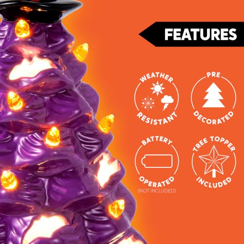 Purple Halloween Ceramic Tree with Bat Cutouts and LED Light - 8.5 Inch Witch Hat Decor