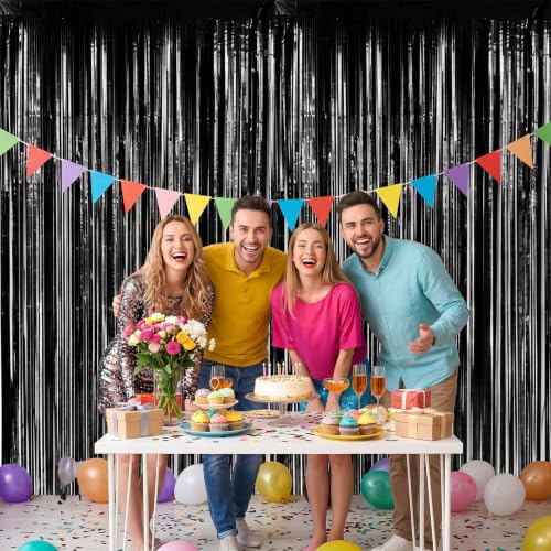 Black Tinsel Curtain Backdrop - 2 Pack PET Fringe Panels, 3.3 x 6.6 FT - Black Variation