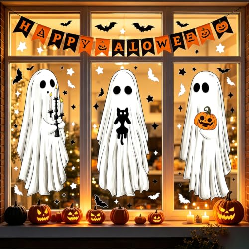 Halloween Ghost Window Clings Set - Large Ghost Pumpkin Bats for Holiday Decor