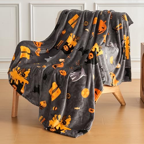 Halloween Throw Blanket with Spooky Pumpkin Bat Ghost Spider Print - Grey 50x60 Inches - Cozy Fuzzy Fleece for Couch Bed Decorations - Variation: 03 Halloween Grey / Throw-50x60