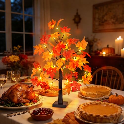 1 Pack 24-Inch Lighted Fall Maple Tree with LED Lights, Battery Operated Autumn Tabletop Decor – Thanksgiving & Indoor Fall Centerpiece