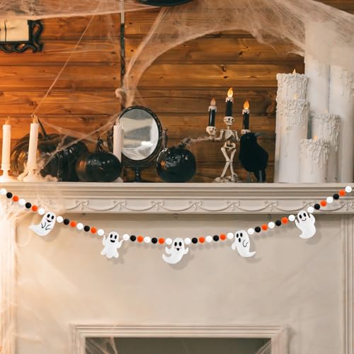 Halloween Felt Pompom Banner 7.5 Ft Pre-Assembled Ghosts & Felt Balls Decor