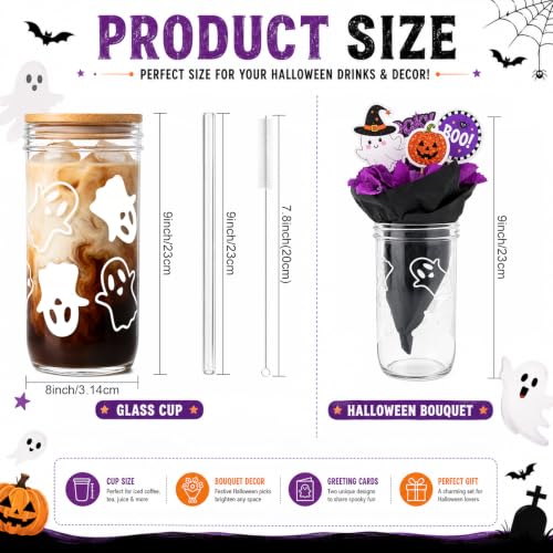 White Ghost Halloween Mason Jars – 24 oz Set with Lids & Straws, Spooky Decor for Adults