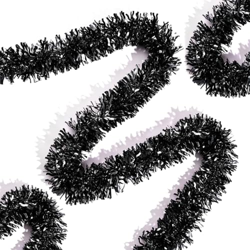 Black Christmas Tinsel Garland - 33FT Shiny Metallic Wavy Foil Decor