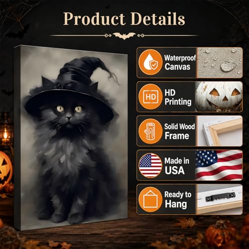 Halloween Black Cat Wall Art Canvas - Framed Gothic Decor - 12x18 Inches - Witch Kitten Design