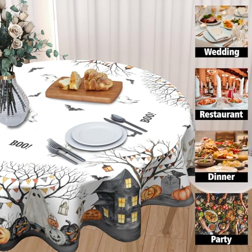 Halloween Round Tablecloth 60 Inch - White Ghost Design, Orange Black Variations