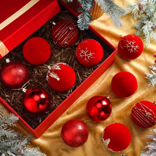 Red Velvet Christmas Ball Ornaments Set - 12 Pcs 3.15 Inch Flocked Holiday Decor