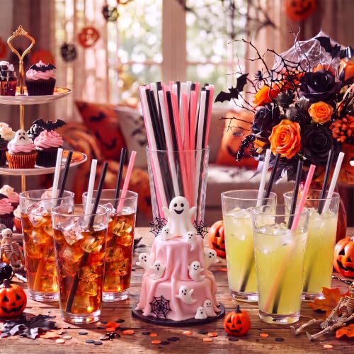 Halloween Ghost-Shaped Plastic Drinking Straws - 150pcs, Black White Pink, Party Supplies