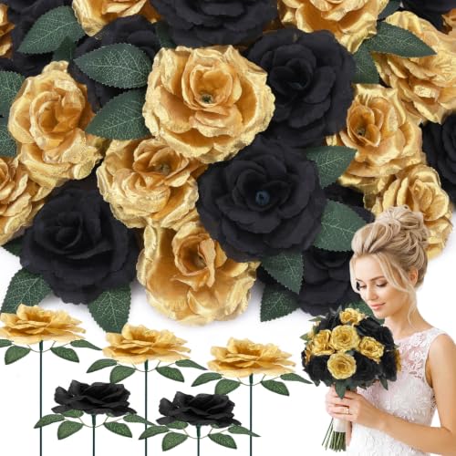 Artificial Black and Gold Roses Set - 120 Silk Flowers with Stems & Leaves