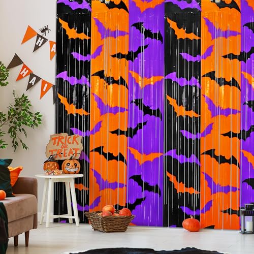 Halloween Foil Fringe Curtains 2 Pack - Orange Purple Black Bat Pattern Party Backdrop