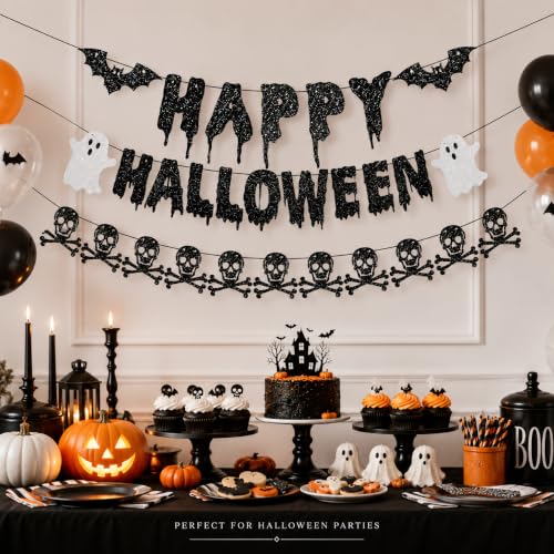 Halloween Banner Decorations with Bat Ghost Skull Glitter Pre-Strung Party Supplies