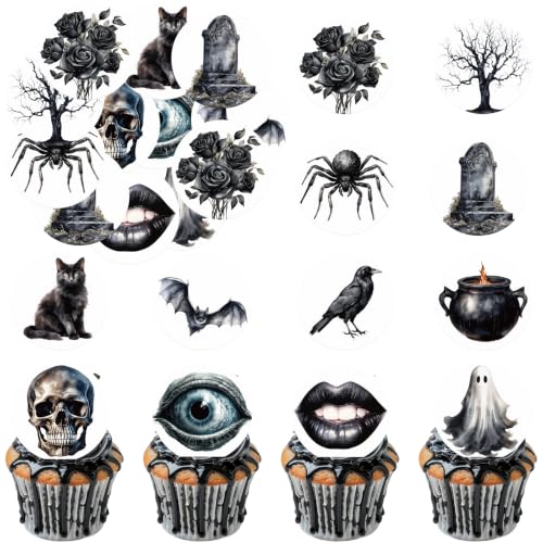 Gothic Halloween Edible Cupcake Toppers 36PCS - Black Cat Bat Castle Design D- Gothic