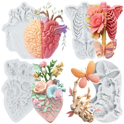 Halloween Skeleton Brain & Skull Silicone Mold Set of 4 - Food Grade, Reusable, For Cake Decorating & Crafts - Style B