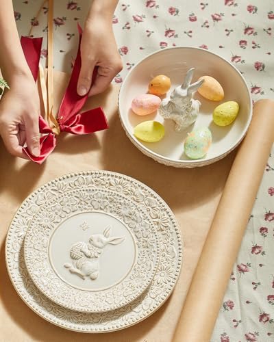 Easter Ceramic Bunny Candy Dish - Floral Decorative Bowl for Spring Celebrations, 8 Inch, Cream White