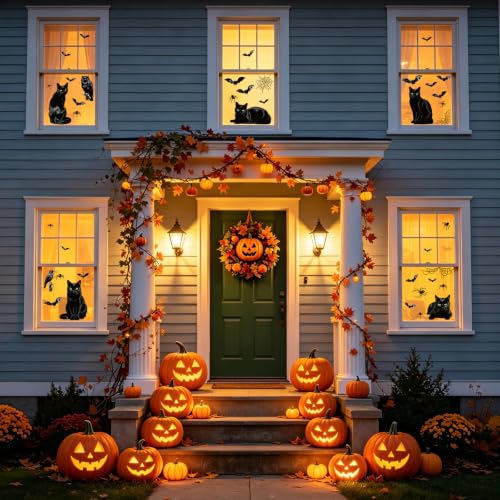 Halloween Window Clings Set - Black Cat Bat Owl Decorations for Glass Windows - Black Cat Variation