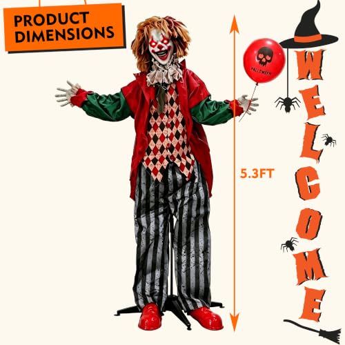 Halloween Animatronic Clown Decor - Life-Size Standing Haunted House Prop with Lighted Eyes & Sound