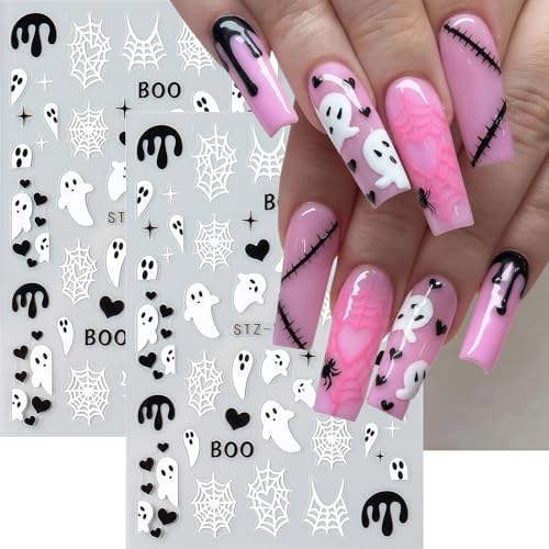 Halloween Nail Stickers 6 Sheets Spider Web Bat Ghost Design - Self-Adhesive DIY Manicure Decor