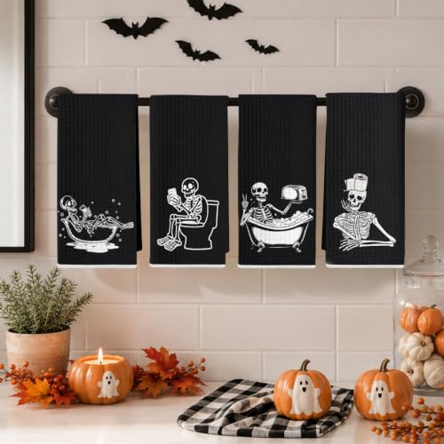 Jztco 4 Pcs Skeleton Halloween Hand Towels - Skull Kitchen Dishcloths Multi 1444