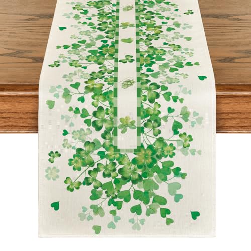 St. Patrick's Day Table Runner 13x90 Inch Clover Leaves Heart Decor Green