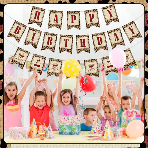 Cheetah Print Linen Birthday Banner with Cherry Accents - Party Decorations Set