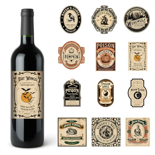 Halloween Wine Bottle Labels - Gothic Party Decorations for Wine Bottles, Set of 36