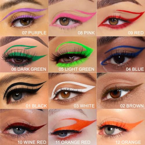 Waterproof Liquid Eyeliner Set - 12 Bright Colors, Long Lasting & Smudge-Proof