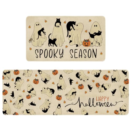 Ghost Black Cat Halloween Kitchen Rugs Set of 2 - Spooky Non-Slip Washable Mat