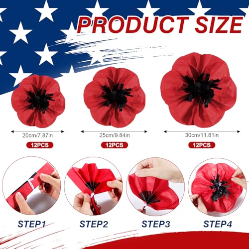 Artificial Poppy Flowers Set - 36 Tissue Paper Red & Black Decorations for Events