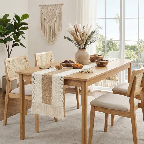 Boho Table Runner 72 Inches with Tassels - Creamy White Farmhouse Decor