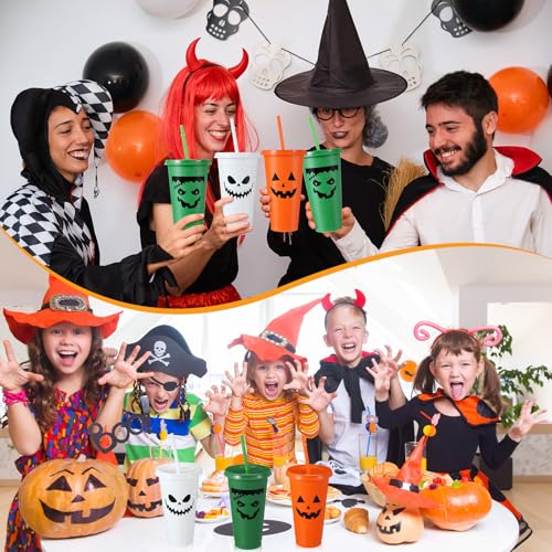 Halloween Plastic Tumblers Set with Lids and Straws - 12 Pack, 24oz, Spooky Pumpkin Design