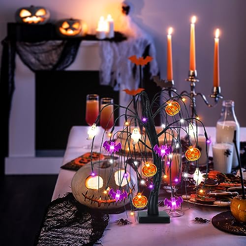 Halloween Willow Tree with LED Pumpkin Bat Ghost Lights - Orange, Purple, White - 18 Inch Spooky Indoor Decoration with Timer & USB/Battery Operated