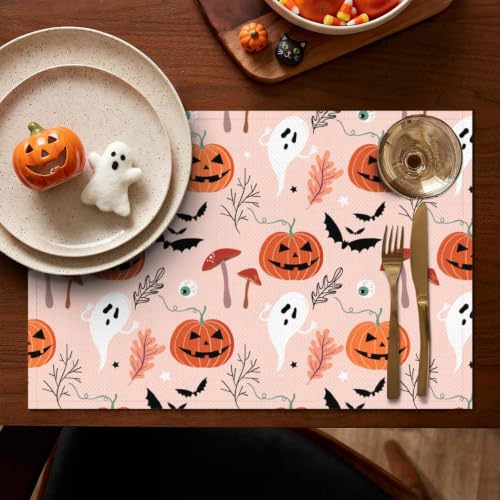 Halloween Farmhouse Placemats Set of 4 - Pumpkin Ghost Bat Seasonal Table Mats