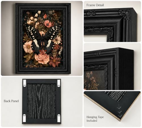 Black Gothic Butterfly Canvas Wall Art - Framed 16x12 Inches - Dark Decor