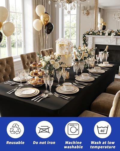 Fixwal 8FT Black Stretch Fitted Tablecloth for 8 Foot Tables - Premium Spandex Cover with Reinforced Leg Pockets