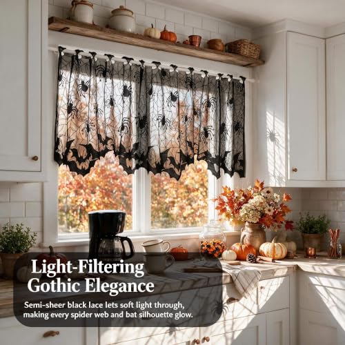 Black Lace Halloween Kitchen Curtains Set - Spider Web Bat Gothic Valances, 2-Pack, 60"W x 20"L Variation of 2