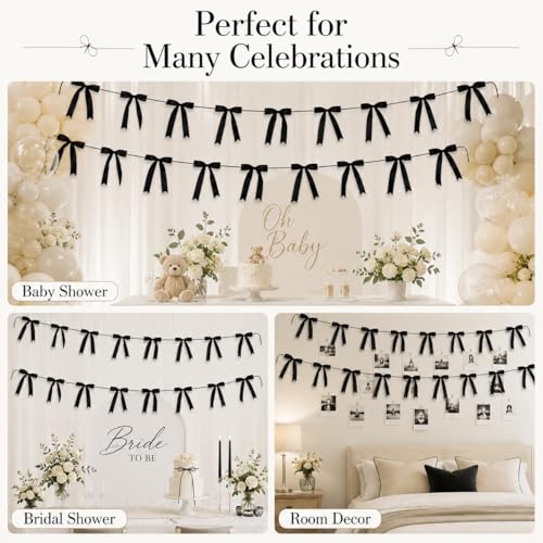 Black Satin Bow Garland Banner - 2 Strings with 16 Large Bows, Ready to Hang