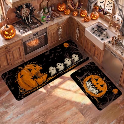 Halloween Kitchen Mat Set of 2 Non-Slip Washable Halloween Rugs - Pumpkin Ghost Variation