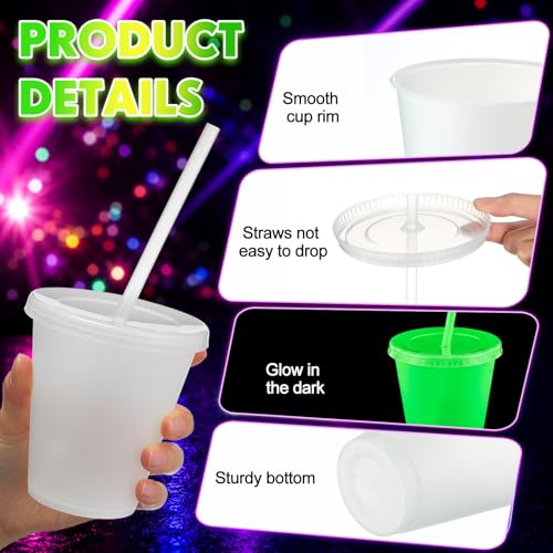 Glow in the Dark Halloween Cups - 15 Pack 12 oz Fluorescent Green Drinkware with Lids & Straws
