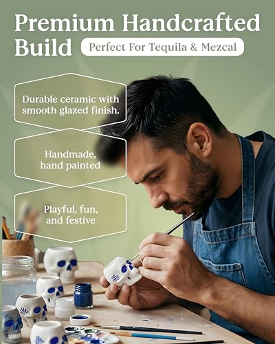 White & Blue Skull Shot Glasses Set of 4 - Día de los Muertos Handcrafted Ceramic Skull Glasses 2oz